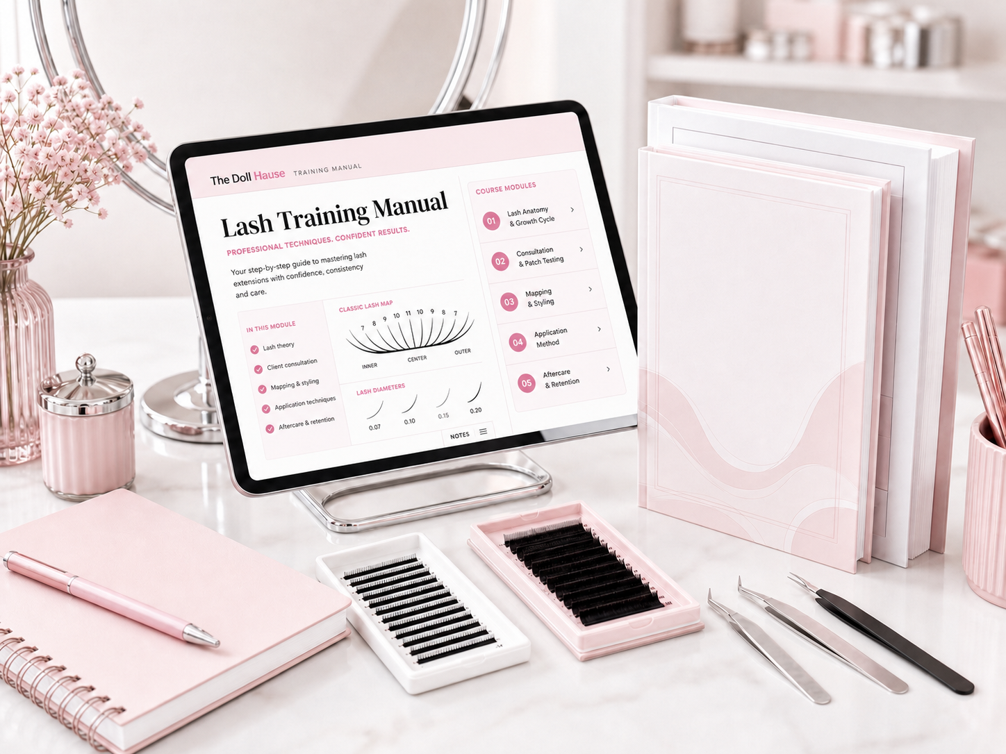 The Doll Hause lash training manual shown on a salon desk computer screen